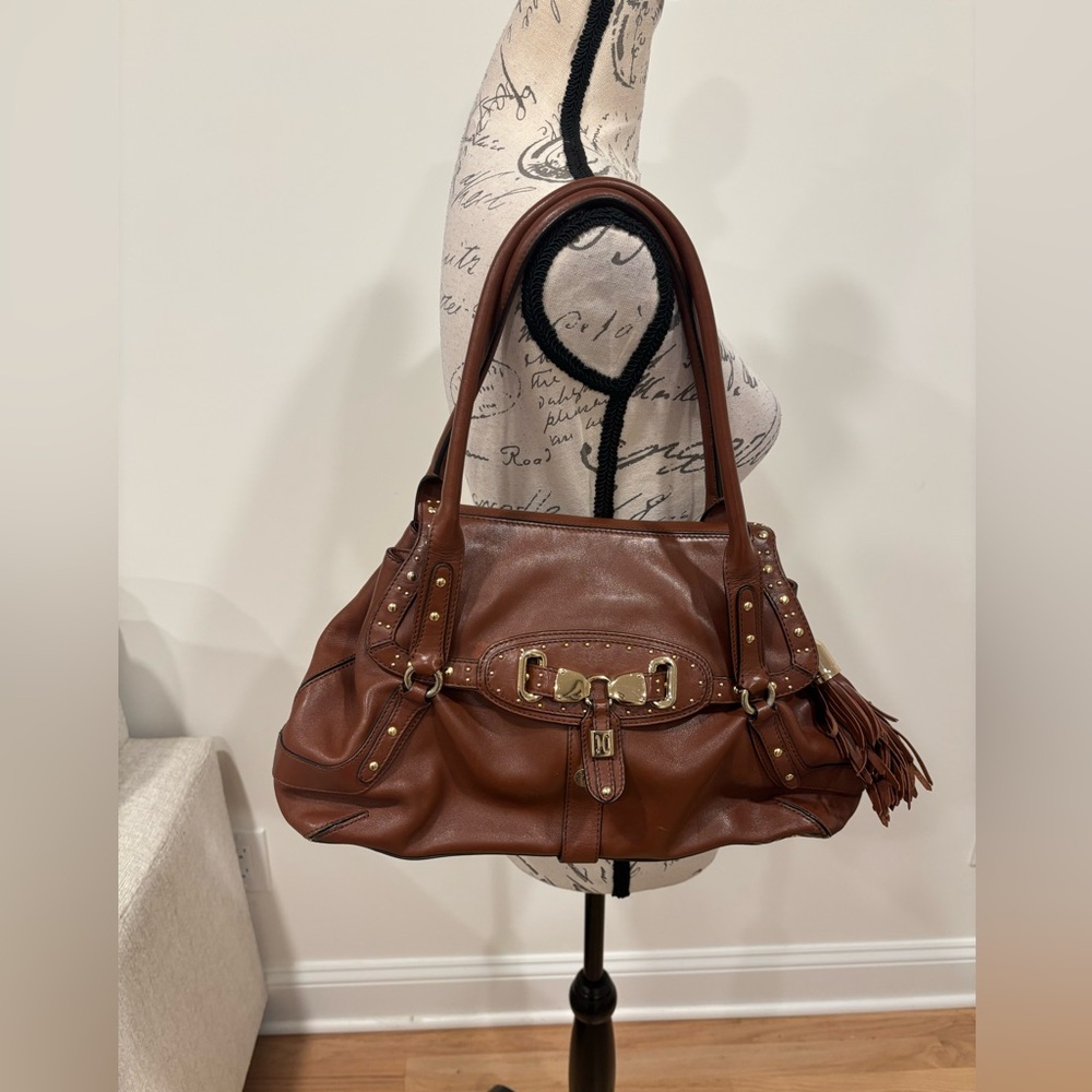 Cole Haan Village F05 satchel handbag in brown leather with gold hardware